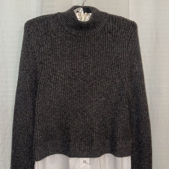 Halston M Charcoal Gray White Cotton Shirt Combo Knit Mock Neck Sweater - Picture 3 of 14